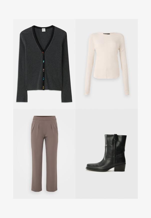Šedý rebrovaný kardigán s hlbokým V-výstrihom, dlhými rukávmi a čiernym lemovaním. Obsahuje farebné gombíky v tvare kvetiniek pozdĺž prednej strany.; Dlhý rukáv, svetlo béžový top s okrúhlym výstrihom. Vyrobený z mäkkej látky, má stredový šev a mierne zakrivený spodný okraj. Bez viditeľného hardvéru.; Taupe voľné nohavice s elastickým pásom a prednými skladmi, vyrobené z hladkej látky.; Čierne kožené členkové topánky s okrúhlou špičkou, blokovým podpätkom, bočným zipsom a prešívaním na priehlavku. Hladká textúra, klasický dizajn.