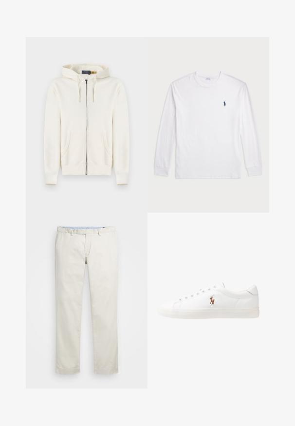 Kremna kapuca s punim zatvaranjem na zip, s prednjim žepovima, kapuljačom s ušicom za stezanje i rebrastim manžetama, položena ravno na bijeloj pozadini.; Bela dolga majica s dolgimi rokavi iz bombaža. Ima okroglo ovratnico, rebraste manšete in majhen temno moder polo logo na levem prsnem delu.; Bežna bombažna chinosa z ravnim sprednjim delom, zankami za pas in stranskimi žepi. Dizajn z ravnimi nogavicami z gladko teksturo in lahkotnim, zračnim občutkom.; Bela usnjena teniski čevlji, nizki model, z gladko teksturo, okrogle konice, vezavi spredaj ter majhnim vezenim logotipom na strani.