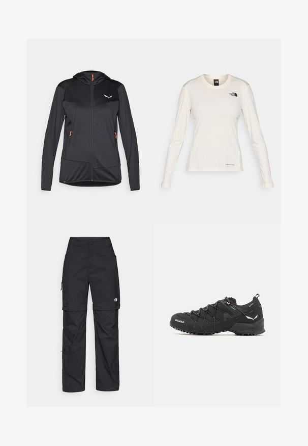 Black athletic jacket with a hood, textured fabric, zip closure, orange accents, and a logo on the upper left. Features side pockets.; The North Face SHADOW LONG SLEEVE - Long sleeved top - white dune; Black nylon zip-off cargo trousers with adjustable cuffs, multiple pockets, and a logo on the right leg. Smooth, lightweight texture.; Black hiking shoes with a textured fabric upper, lacing system, and rugged rubber sole. Accented with reflective details and logos.