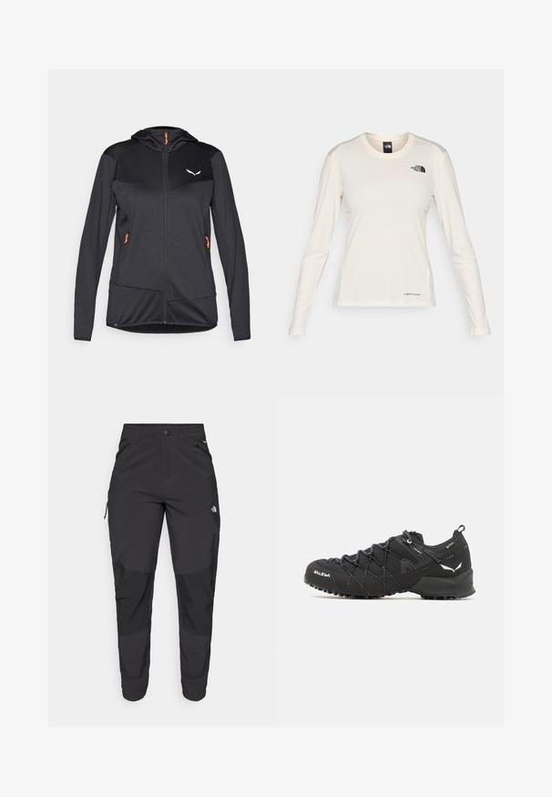 Black athletic jacket with a hood, textured fabric, zip closure, orange accents, and a logo on the upper left. Features side pockets.; The North Face SHADOW LONG SLEEVE - Long sleeved top - white dune; Black outdoor pants made of durable fabric. Feature zippered pockets, reinforced knee panels, and a straight cut design for mobility.; Black hiking shoes with a textured fabric upper, lacing system, and rugged rubber sole. Accented with reflective details and logos.