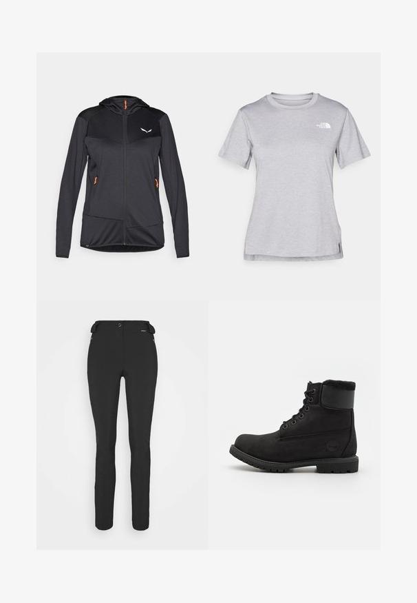 Schwarze Sportjacke mit Kapuze, texturiertem Stoff, Reißverschluss, orangen Akzenten und einem Logo auf der oberen linken Seite. Besitzt Seitentaschen.; Graues T-Shirt mit kurzen Ärmeln aus weichem, feuchtigkeitsableitendem Stoff. Hat einen Rundhalsausschnitt und ein kleines weißes Logo auf der oberen linken Seite.; Schwarze, enganliegende Hosen aus einem flexiblen Material. Zu den Merkmalen gehören eine seitliche Reißverschlusstasche, vorgeformte Knie und eine glatte Textur.; Schwarze Leder-Ankle-Boots mit runder Spitze, Schnürung vorne, Kunstfellkragen und Gummisohle. Mit einem markierten Logo an der Seite.