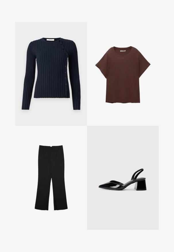 Navyblauer, gerippter Pullover mit langen Ärmeln, Rundhalsausschnitt und Knopfverschluss auf der linken Seite. Hergestellt aus einem weichen Strickmaterial.; Braunes Oversize-T-Shirt aus Baumwolle, mit Rundhalsausschnitt, kurzen Ärmeln und einer lockeren Passform. Glatte Textur ohne sichtbare Muster.; Schwarze Hose mit geradem Schnitt, ausgestattet mit Fronttaschen und Seitenschlitzen am Saum. Hergestellt aus weichem, glattem Stoff. Geeignet für verschiedene Anlässe.; Schwarze Lackleder-Slingback-High Heels mit spitzem Schuh und einem geometrischen Blockabsatz. Verfügt über ein schlankes, minimalistisches Design und eine glatte Textur.