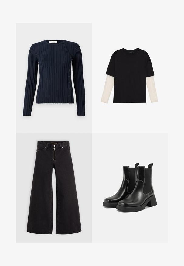 Pullover azul-marinho de malha canelada com mangas longas, decote redondo e fecho de botão no lado esquerdo. Feito de um material de malha macia.; T-shirt preta de algodão, com mangas curtas sobre uma camada de mangas longas branca com um padrão texturizado subtil. Design de decote redondo.; Calças de ganga de perna larga em denim preto com fecho éclair à frente, design de cinco bolsos e detalhes de costura subtil. Textura suave e estilo casual.; Botas Chelsea em couro preto com um salto grosso, painéis laterais elásticos e costura branca em contraste. Acabamento texturizado.