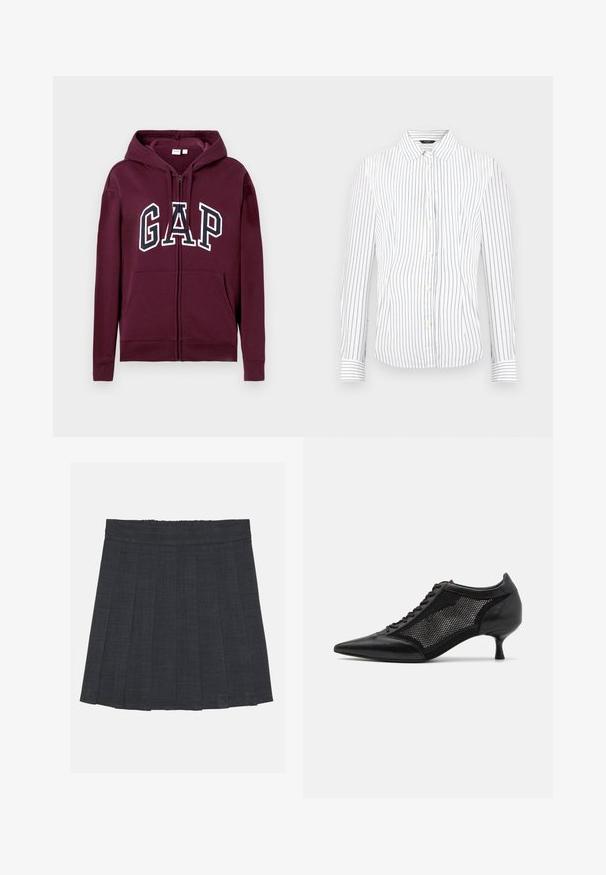 Vyno raudona zip-up džemperis su priekinių kišenių ir "GAP" logotipu didelėmis baltomis ir tamsiai mėlynomis raidėmis per krūtinę, su reguliuojama gobtuvu.; Balta ilga rankovėmis marška su plonomis vertikaliomis juodomis juostelėmis ir smailu apykakle.; Tamsiai pilka klostuota sijonas su elastinga juosta, pasižymintis tekstūruotu audiniu ir klasikinė A formos siluetu. Tinka kasdieniam dėvėjimui.; Juodi bateliai su smailiu pirštu ir tinklinėmis detalėmis, turintys žemą kulną ir raištelių uždengimą. Pagaminti iš odos ir tinklinės medžiagos derinio.