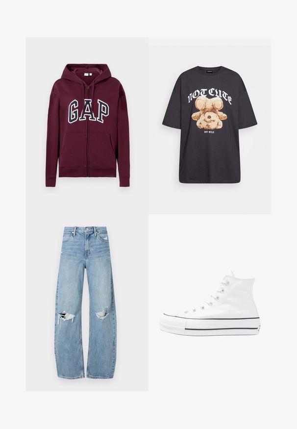 Felpa con zip color bordeaux, dotata di tasche frontali e logo "GAP" in grandi lettere bianche e navy sul petto, con cappuccio regolabile.; T-shirt nera oversize con una grafica di un orso e la scritta "NON CARINA MA SELVAGGIA" in grassetto, lettere bianche. Materiale in cotone.; Jeans azzurri chiari a vita alta realizzati in denim. Presentano gambe larghe, due aree strappate sulle ginocchia e il classico styling a cinque tasche.; Sneaker alta in tela bianca con suola in gomma nera, punta in gomma frontale e sei asole per i lacci, caratterizzata da un design pulito e minimalista.
