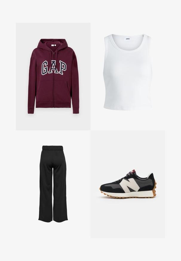 Bordowa bluza z kapturem zapinana na zamek, z przednimi kieszeniami i dużym logo "GAP" w białych i granatowych literach na klatce piersiowej, posiadająca regulowany kaptur.; Biały prążkowany top na ramiączkach z okrągłym dekoltem, bez rękawów i skróconej długości. Metka z napisem "JJXX." Gładka faktura materiału.; Czarne, szerokie spodnie z elastycznym pasem, wykonane z gładkiego materiału. Charakteryzują się prostym wzornictwem, bez kieszeni i widocznych szwów.; Czarno-szare zamszowe sneakersy z dużym kremowym logo "N", purpurowymi sznurówkami i teksturowaną gumową podeszwą.