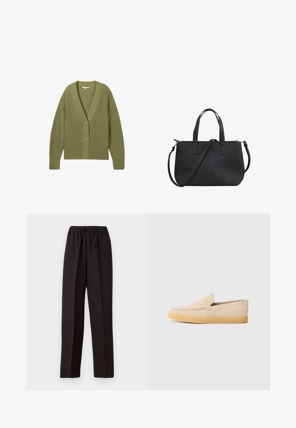 TOM TAILOR DENIM V NECK CARDIGAN - Kardigan - greyish green; Must have lühikeste varrukatega must t-särk, millel on lõdva lõikega, ümmargune kaelus ja kergelt kõver äär. Valmistatud pehmest ja tekstureeritud kangast.; Mustad mustad püksid, laiad ja elastse vöökoha ning reguleeritava tõmbluku abil. Valmistatud sujuvast, kergekaalulisest kangast ilma nähtavate mustriteta.; Beige nubukist slaidav king, millel on ümar varvas ja heledast pruunist kummist tald, esitatud külgprofiilis valge tausta against.; Must must rähemik, millel on tekstureeritud viimistlus, kahekordsed ülemised sangad ja reguleeritav õlapael. Kätendab tõmblukku ja minimaalset brändimist.