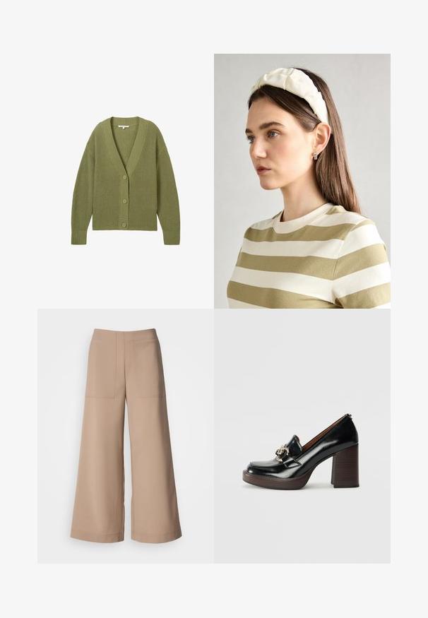 TOM TAILOR DENIM V NECK CARDIGAN - Jopica - greyish green; Bela majica s kratkimi rokavi in širokim ovratnikom ter teksturiranim rebrastim vzorcem, izdelana iz mehke tkanine, z udobnim krojem in čistim dizajnom.; Široke hlače iz svetlo bež tkanine. Imajo dva sprednja žepa, ravno pasnico in gladko teksturo s krojenim zaključkom.; Črne usnjene čevlje na visoki peti z okroglo točo, dekorativno srebrno okovje, leseno blok peto in gladko polirano površino.; Kremna ušesna traka s prepletenim dizajnom, uparjena s bež in belimi črtastimi majicami z okroglim izrezom. Diskretni nakit.