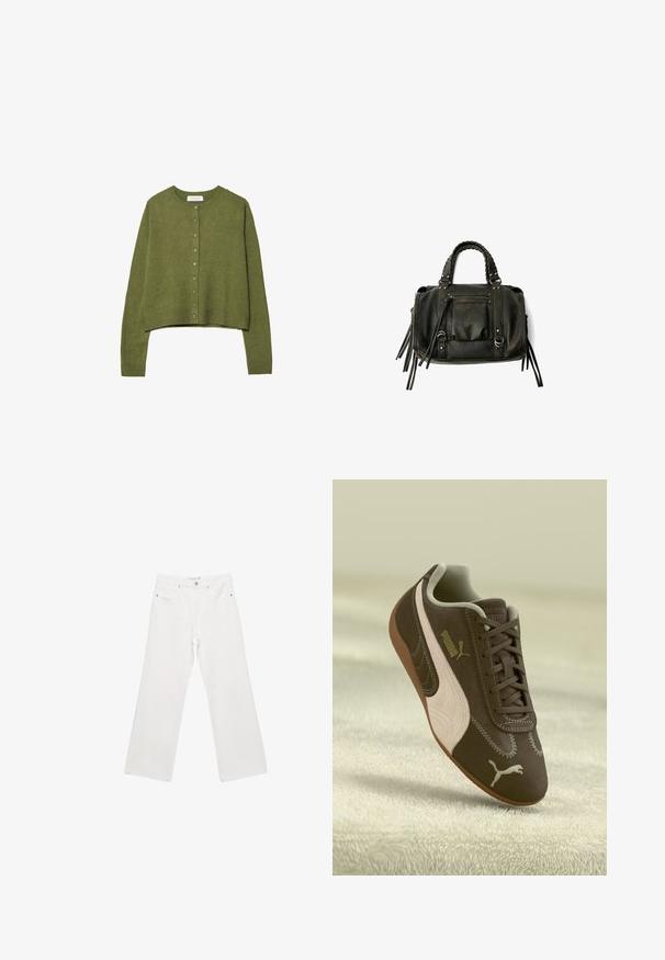 Cardigan en maille vert olive à manches longues, avec encolure ronde et fermeture à boutons sur le devant, longueur cropped, avec poignets et taille côtelés.; T-shirt en coton blanc avec un motif central en forme d'étoile en strass, manches courtes et col rond. Texture douce, coupe décontractée.; Pantalons en denim blanc à larges jambes avec un design classique à cinq poches, matériel en métal et coutures contrastées. Texture lisse et coupe décontractée.; Sneaker Puma marron avec une rayure et un logo beige, lacé, reposant sur une surface beige texturée.; Sac à main en cuir noir avec des poignées tressées, une poche zippée et des glands suspendus. Surface texturée avec des clous en métal et des accents en métal.; Bracelet en métal doré avec un extérieur lisse et un intérieur texturé. Présente une conception large et arrondie avec une découpe ouverte d'un côté.