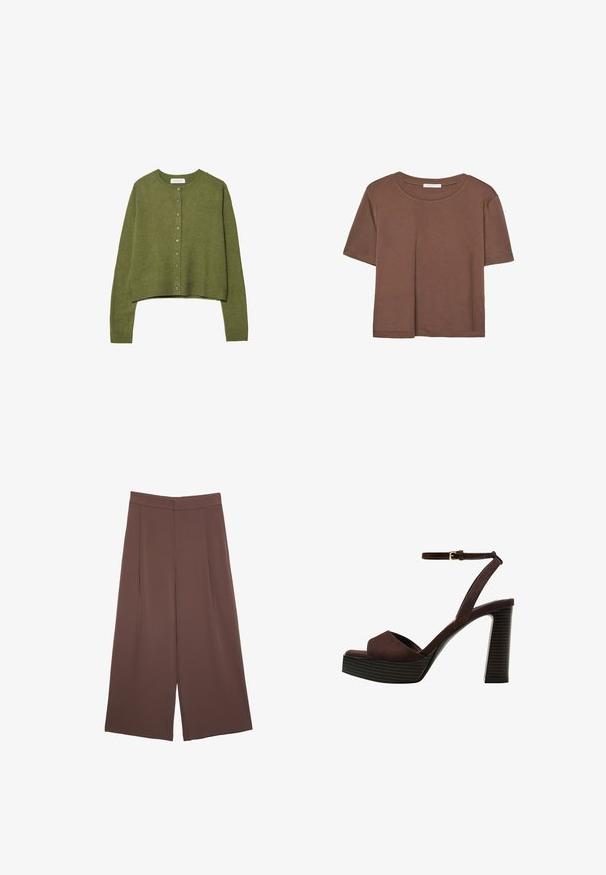 Olivgrüner, langärmeliger Strickcardigan mit Rundhalsausschnitt und durchgehendem Knopfverschluss, verkürztem Saum, gerippten Bündchen und Taillenbund.; Braunes, kurzärmliges T-Shirt aus weichem Material mit rundem Halsausschnitt und lockerer Passform. Keine sichtbaren Muster oder Akzente.; Braune Weite-Leg-Hosen mit einer glatten Textur, hoher Taille und Vorderfalten. Der Stoff ist leicht und fällt locker.; Braune Wildleder-Pumps mit offenem Zeh, verstellbarem Knöchelriemen und gestreiftem Plateausohlen.