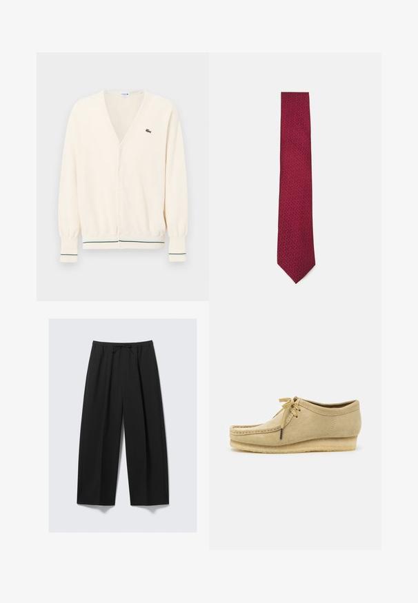 Cream-colored cardigan with a v-neck, button closure, and ribbed cuffs featuring green stripes. Small logo accent on the chest.; Short-sleeve, button-up shirt in off-white cotton. Features a collar and a left chest pocket with a simple design and soft texture.; Black wide-leg trousers made of lightweight fabric, featuring an elastic waistband with a drawstring and no visible pockets.; Beige suede shoe with a lace-up design, stitched detailing, and a rubber sole. The shape is casual with a slight wedge heel.; Burgundy tie featuring a subtle geometric pattern, made of smooth fabric with a slim design and pointed tip.