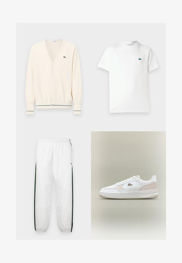 Krém színű kardigán, V kivágással, gombos záródással és bordázott mandzsettákkal, zöld csíkokkal díszítve. Kicsi logó részlet a mellkason.; Fehér pamut póló, kerek nyakkivágással, rövid ujjakkal és egy kis zöld hímzett krokodil logóval a bal mellen.; Fehér sportnadrág sötétzöld oldalpanelekkel. Könnyű anyagból készült, rugalmas derékkal és gumis szegéllyel. Az oldalpaneleken hálós textúra található.; Fehér sportcipők sima bőr felsőrészsel, velúr részletekkel és gumitalppal. Jellemzője a dombornyomott logó és a fűzős dizájn. Minimalista esztétika.
