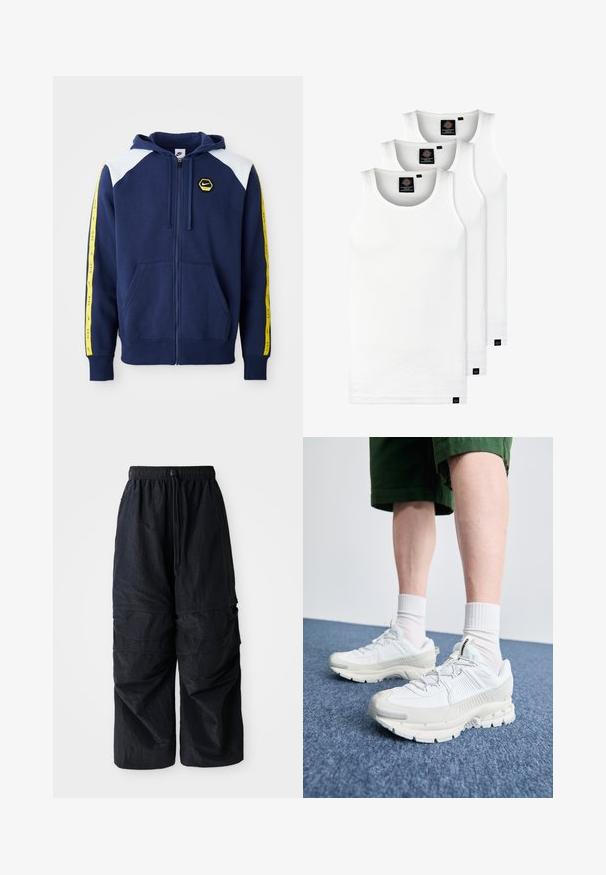 Tamsiai mėlyna zip-up gobtuvė su baltais pečių akcentais, geltonomis šoninėmis juostelėmis, featuring logotipu, ir priekinėmis kišenėmis. Pagaminta iš minkštos medžiagos.; Trys balti, dryžuoti marškiniai be rankovių, pagaminti iš medvilnės. Yra apvalus kaklas ir maži juodi etiketės netoli siūlės. Siūlomi įvairių dydžių.; Juodos lengvos nailono cargo kelnės su elastingu juosmeniu, reguliuojamu raišteliu ir daugybe sluoksniuotų kišenių ant kojų.; Baltos sportinės bateliai su tekstūruotais uždengimais, masyviu padu ir pilkais akcentais. Dėvimi su baltais trumpais kojiniais ir žaliais šortais mėlyname paviršiuje.