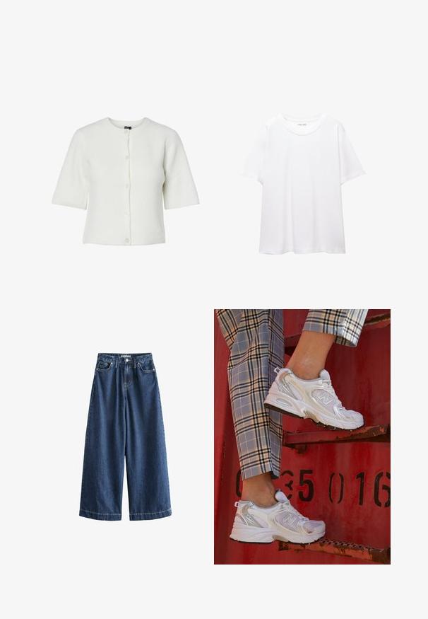 Fehér, rövid ujjú kardigán kerek nyakkivágással, bordázott textúrával és öt gombos záródással; puha anyag, laza szabású.; Egyszínű, fehér pamut póló, kerek nyakkivágással, rövid ujjakkal és laza szabással. Simaszerkezetű, minták vagy díszítések nélkül.; Sötétkék, bőszárú farmernadrág. Erős pamutból készült, magas derékkal, elülső zsebekkel és egyenes, rövidített szegélyekkel, látható varrással.; Fehér hálós sportcipők ezüst részletekkel és texturált talppal, egy piros felületen elhelyezve, kockás nadrággal párosítva.