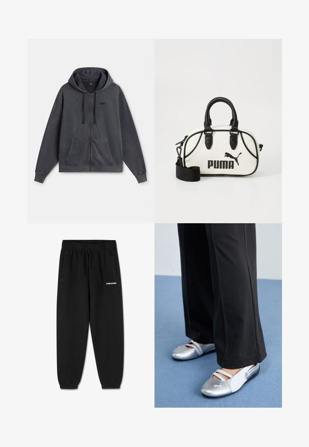 Tmavě šedá mikina na zip vyrobená z bavlněné směsi, s kapucí, předními kapsami a žebrovanými manžetami. Malé logo na levém prsu.; Šedé bavlněné tričko s krátkým rukávem, vybavené kulatým výstřihem a malým bílým logem "PEGADOR" na přední straně. Hladká textura, volný střih.; Černé tepláky vyrobené z měkké tkaniny, s elastickým páskem na stažení, zúženými nohavicemi a bočními kapsami. Bílé logo „PEGADOR“ na přední straně.; Stříbrné a bílé ploché boty s křížovými pásky a texturovaným detailem, doplněné volnými černými kalhotami. Umístěno na modré podlaze.; Bílá kabelka s černými akcenty, se znakem Puma. Krátké, zaoblené uši a odnímatelný popruh, vyrobená z texturovaného syntetického materiálu.