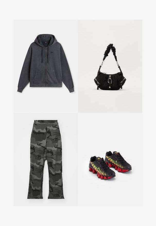 Dark gray zip-up hoodie made of cotton blend, featuring a hood, front pockets, and ribbed cuffs. Small logo on the left chest.; Black and white short-sleeve bodysuits with round necklines and thong bottoms, made from smooth, stretchable fabric.; Camouflage sweatpants in shades of black and gray, with an elastic waistband, relaxed fit, and slight splits at the bottom of the legs.; Black Nike sneakers with gradient accents of yellow, green, and red. Features a distinctive textured design and a chunky red sole.; Black fabric handbag with a gathered strap, two side zippers, a front clasp, and a smooth texture. Compact oval shape with shiny hardware.