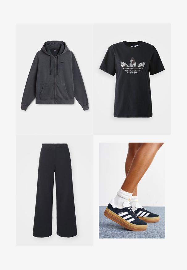 Felpa con zip grigio scuro realizzata in cotone misto, con cappuccio, tasche frontali e polsini a costine. Piccolo logo sul lato sinistro del petto.; T-shirt in cotone nero con maniche corte, caratterizzata da una grande grafica argento e marrone del logo Adidas e delle tre strisce frontali.; Pantaloni felpati neri a gamba larga realizzati in tessuto morbido, con un elastico in vita e un piccolo logo sul lato sinistro.; Sneakers in pelle scamosciata nera con strisce e dettagli bianchi, punta arrotondata, suola in gomma color gomme, abbinate a calzini bianchi a coste alla caviglia.