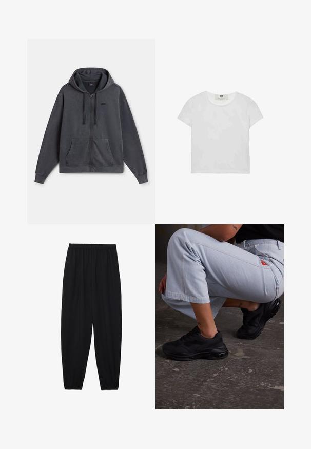 Grafitowa bluza z kapturem na zamek, wykonana z mieszanki bawełny, z kapturem, przednimi kieszeniami i ściągaczami na rękawach. Małe logo na lewej piersi.; Biała koszulka z krótkim rękawem i okrągłym dekoltem, wykonana z miękkiej bawełny, charakteryzująca się prostym, czystym wzorem bez widocznych zdobień ani akcentów.; Czarne, lekkie spodnie z elastycznym pasem i ściągaczami na kostkach. Materiał jest gładki i ma luźny, zwężany krój.; Czarne sportowe sneakersy z teksturowaną cholewką, grubą podeszwą i poduszką powietrzną. W połączeniu z jasnoniebieskimi, krótkimi spodniami w swobodnej stylistyce.