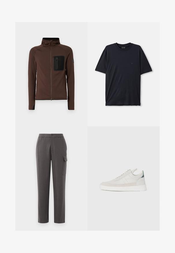 Chaqueta marrón con cremallera, fabricada en un tejido texturizado, de diseño ajustado, con capucha y un bolsillo de malla negra en el lado izquierdo del pecho. Presenta acentos negros.; Camiseta de manga corta azul marino hecha de tela suave, con cuello redondo y un pequeño logo oscuro en el pecho.; Pantalones grises con un corte relajado, fabricados con una tela suave. Cuenta con un cierre de botón, bolsillos laterales y un bolsillo tipo cargo en la pierna.; Zapatillas de cuero blancas con acentos de ante gris, diseño con cordones, asa de tirón y suela de goma texturizada con un patrón en zigzag.