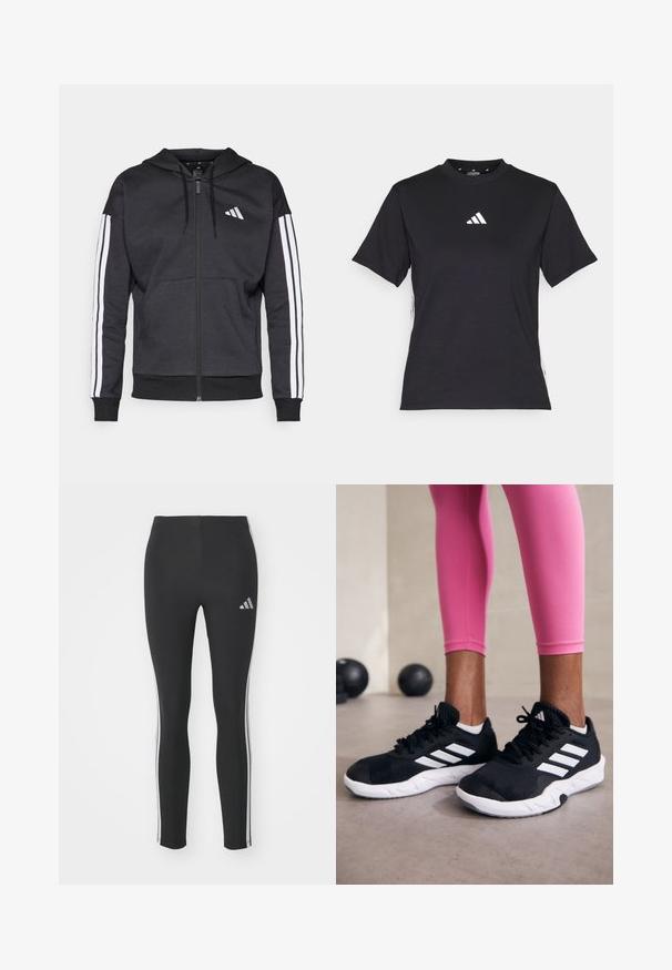 Sweatshirt com fecho em preto, com capuz, design de três riscas brancas nas mangas e bolso frontal tipo canguru. Tecido suave e barra canelada.; T-shirt preto de manga curta feito de tecido macio. Apresenta um logo branco da Adidas e riscas brancas em contraste ao longo dos lados.; Leggings pretos feitos de material elástico com riscas brancas laterais e um pequeno logo refletor no canto superior esquerdo.; Sapatos de treino pretos com riscas brancas, parte superior em malha texturizada e sola branca. Usados com leggings cor-de-rosa, destacando roupa de treino.