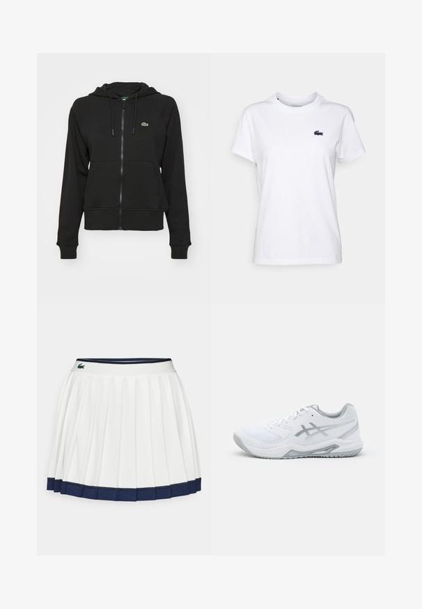 Črna zip-up kapuca iz mehkega blaga, z kenguru žepom, rebrastimi manšetami in majhnim zelenim logotipom na zgornjem levem prsnem delu.; Bela bombažna majica s krožnim izrezom, kratkimi rokavi in majhnim mornarsko modrim logotipom na levem prsnem delu. Gladka tekstura, sproščen design.; Bela plisirana krila s temno modrim pasom in robom. Ima mehak material z vodoravnimi črtami na pasu, zasnovan za udobje.; Bela športna obuvala iz mrežastih in sintetičnih materialov, z dodanimi sivo odtenki in vezalkami, teksturirano podplat, ukrivljen dizajn in podrobnost logotipa.