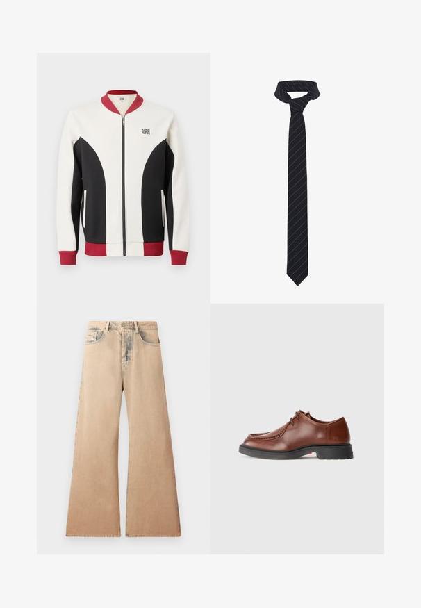 Zip-up bomber jacket with a blend of cream, black, and maroon colors. Features a ribbed collar, contrasting panels, and a logo on the chest.; White long-sleeve shirt made of textured fabric, featuring a classic collar, button front, and straight hemline, with a relaxed fit.; Beige wide-leg jeans with faded texture, five-pocket design, and stitched detailing along seams. Waist has a traditional button closure.; Brown leather dress shoe with a rounded toe, contrasting stitching, lace-up design, and a textured black rubber sole.; Black tie with diagonal blue stripes, made from a smooth fabric. Features a tapered end and a knotted loop at the top.
