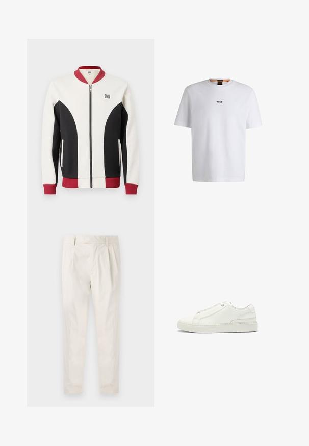 Zip-up bomber jacket with a blend of cream, black, and maroon colors. Features a ribbed collar, contrasting panels, and a logo on the chest.; White cotton T-shirt with short sleeves, featuring a black "BOSS" logo centered on the chest and a round neck design.; White, pleated trousers with a tailored fit, featuring a smooth texture, belt loops, and tapered legs. No visible pockets or patterns.; White leather sneaker featuring a textured upper, a round toe, minimalistic design, and a rubber sole with stitched detailing.