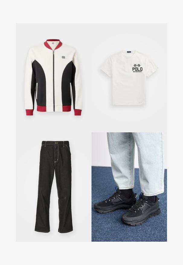 Bombažna jakna z zadrgo v kombinaciji krem, črne in bordo barve. Ima rebrast ovratnik, kontrastne panele in logotip na prsih.; Bela bombažna majica s krožnim vratom, na kateri je črn logotip "Polo Motorsport" in križani šahovnicasti zastavi na levem prsnem delu.; Črne jeans hlače ohlapenega kroja, ki imajo kontrastno belo šivanje, zapiranje na gumb in ravno nogavico.; Črne športne čevlje z teksturirano tkanino in gumijastimi podplati, ki imajo elastične vezalke ter modre poudarke na peti. Nosi se z lahkimi denim hlačami.
