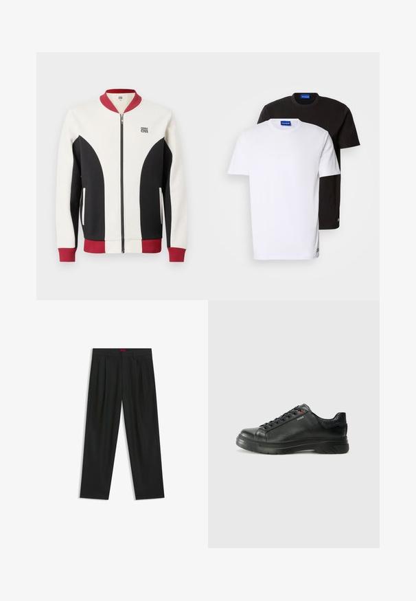 Cazadora bomber con cremallera en una combinación de colores crema, negro y granate. Presenta un cuello acanalado, paneles contrastantes y un logo en el pecho.; Dos camisetas apiladas: una blanca y una negra. Con mangas cortas, cuellos redondos, fabricadas en algodón. Presentan un pequeño logotipo azul en el cuello.; Pantalones negros con diseño plisado, forma de pierna ancha y textura suave. Presenta una etiqueta de cintura roja.; Zapatilla negra de cuero con parte superior texturizada, cuello acolchado y detalle del logo en rojo. Presenta una suela de goma gruesa con un patrón de relieve distintivo.