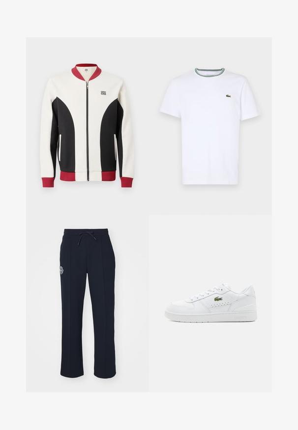 Bomberjack met ritssluiting in een mix van crème, zwart en bordeauxrood. Voorzien van een geribbelde kraag, contrasterende panelen en een logo op de borst.; Witte katoen T-shirt met korte mouwen en een geribde kraag met groene en zwarte strepen; klein groen geborduurd logo op de linkerborst.; Diepblauwe joggingbroek van zacht materiaal, met een trekkoord in de taille en zijplooien. Bevat een klein geborduurd logo op de linker bovenbeen.; Witte leren sneakers met geperforeerde accenten, platte veters en een klein groen logo aan de zijkant. Rubberen zool en gewatteerde kraag voor comfort.
