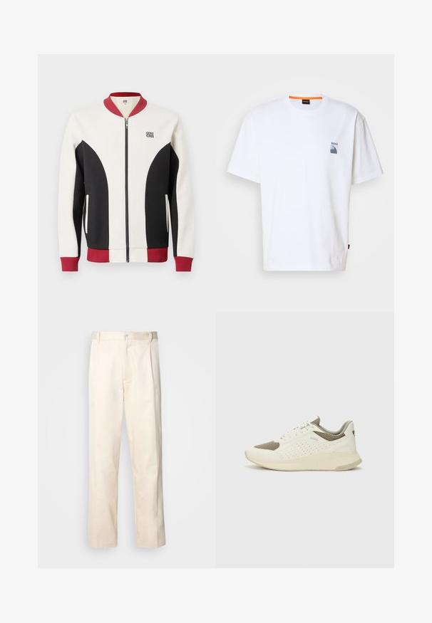 Casaco bomber com fecho de correr, numa combinação de cores creme, preto e bordô. Apresenta gola canelada, painéis contrastantes e um logótipo no peito.; T-shirt de algodão branco com um pequeno logotipo azul e design gráfico no lado esquerdo do peito; ajuste relaxado com um decote redondo clássico.; Calças de algodão bege com corte reto, apresentando um fecho de botão e pregas na frente para um detalhe adicional.; Sapatilha atlética branca e bege claro, com parte superior em malha, detalhes perfurados e uma entressola texturizada com marcação no calcanhar.