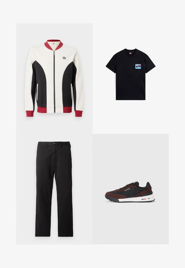 Bomberjack met ritssluiting in een mix van crème, zwart en bordeauxrood. Voorzien van een geribbelde kraag, contrasterende panelen en een logo op de borst.; Zwarte katoenen t-shirt met korte mouwen, voorzien van een kleurrijk grafisch logo op de linkerkant van de borstzak en een merketiket op de mouw.; Zwarte katoenen broek met een gladde textuur, rechte pijpen en een sluiting met een knoop aan de voorkant, inclusief riemlussen.; Tommy Hilfiger RETRO RUNNER MIX - Sneakers laag - black/cocoa