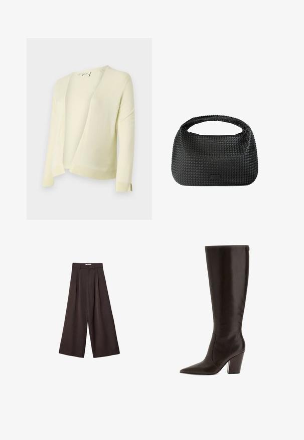 Svetlo rumena pletena jopica z V-izrezom, odprta spredaj in z dolgimi rokavi. Ima rebrast rob in manšete za dodaten teksturo. Mehka tkanina.; Burgundska dolga majica z dolgimi rokavi, izdelana iz mehkega materiala, z širokim krožnim izrezom in rahlo ukrivljenim robom za sproščen fit.; Črne široke hlače z visokim pasom, ki vsebujejo sprednje nabore in z gumbom za zapiranje na pasu, izdelane iz gladkega materiala.; Rjave usnjene škornje do kolen s koničastim nosom in blok peto. Imajo gladko teksturo in stranski zadrgo za enostavno obuvanje.; Črna pletena torbica za roke okrogle oblike, z teksturirano površino in enim zgornjim ročajem. Ima eleganten, minimalističen dizajn brez vidnih elementov.