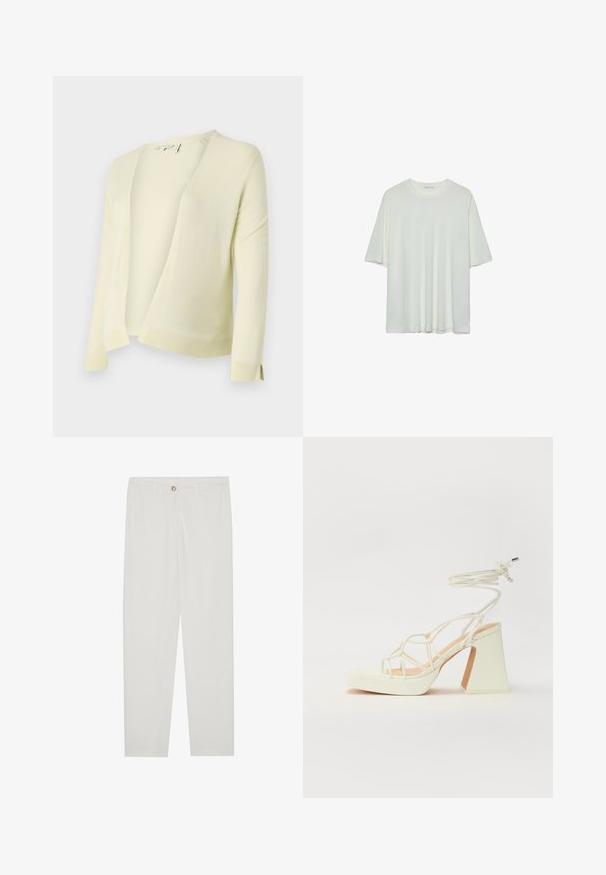 Cardigan a maglia giallo chiaro con scollo a V, apertura frontale e maniche lunghe. Presenta orli e polsini a coste per una maggiore texture. Materiale morbido.; T-shirt bianco a maniche corte, colletto rotondo, tessuto misto cotone morbido, vestibilità rilassata, orlo senza cuciture, design minimalista senza decorazioni.; Pantaloni bianchi su misura con design a gamba dritta, dotati di chiusura a bottone, passanti per cintura e tasche laterali; tessuto morbido.; Sandalo bianco con tacco alto, caratterizzato da un design a cinturini e un legaccio alla caviglia. Texture liscia con una piattaforma frontale per un'altezza aggiuntiva.