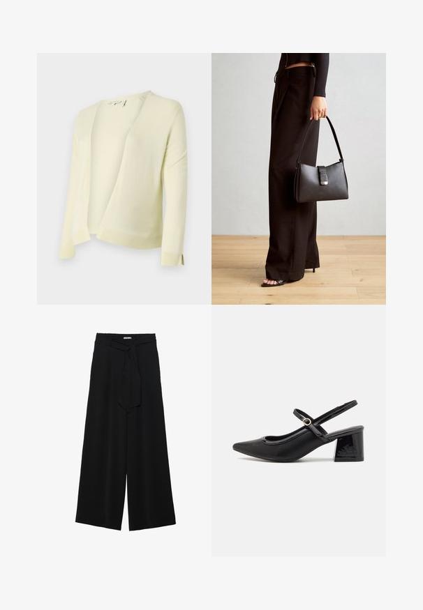 Lys gul strikket cardigan med V-hals, åpen front og lange ermer. Har ribbestrikket kant og mansjetter for ekstra tekstur. Mykt materiale.; Langermede t-skjorter i hvit, burgunder og svart. Laget av myk stoff med rund hals og tettsittende design. Egnet for lag-på-lag-styling.; Svart vide bukser med teksturert stoff, elastisk midje og avtagbart belte som gir justerbar passform.; Sorte lakk lær slingback hæler med spiss tå, et avrundet utskjæringsdesign og blokkheel. Har en gulltone spenne som detalj.; Svart håndveske med strukturert form, jevn tekstur og metallisk lås. Kombinert med brede svarte bukser og sandaler med åpen tå på tregulv.