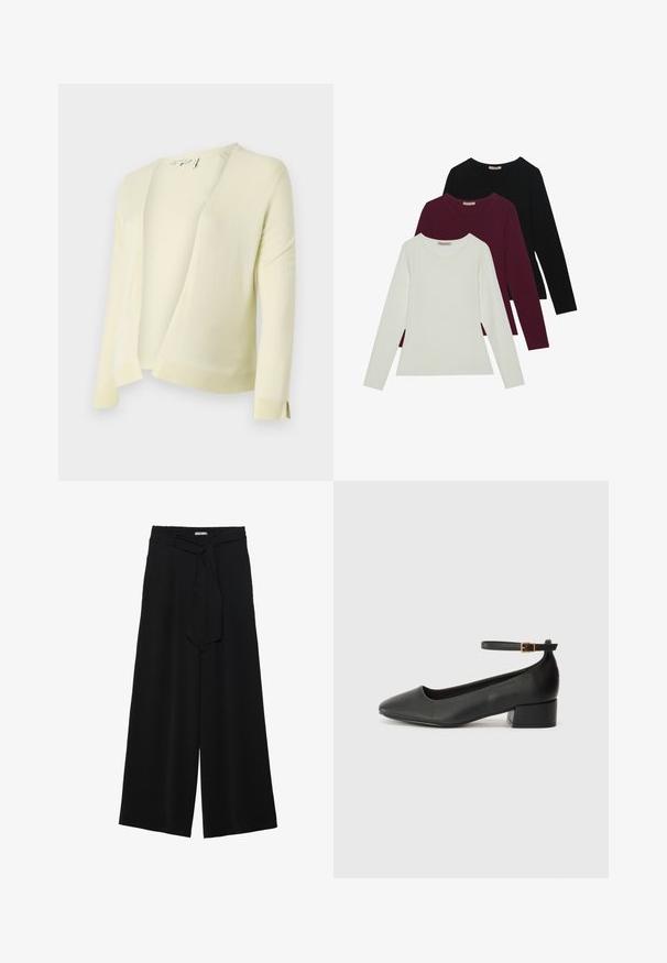 Svetložltý pletený kardigán s výstrihom do V, otvoreným predným dielom a dlhými rukávmi. Obsahuje rebrovaný lem a manžety pre dodatočnú textúru. Mäkký materiál.; Dlhé rukávy tričká v bielej, burgundskej a čiernej farbe. Vyrobené z jemného materiálu s okrúhlym výstrihom a priliehavým strihom. Vhodné na vrstvenie.; Čierne široké nohavice s textúrovanou tkaninou, elastickým pásom a odnímateľným viazaním na páse pre nastaviteľné priliehanie.; Čierne kožené lodičky s špicatou špičkou a nízkym blokovým podpätkom. Obsahuje remienok okolo členka so zlatým prackou. Hladký povrch.