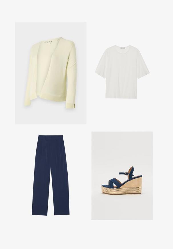 Cardigan de tricot galben deschis, cu decolteu în V, deschis în față și mâneci lungi. Prezintă un tiv și manșete cu model ribbed pentru un plus de textură. Material moale.; Tricou alb cu mânecă scurtă, fabricat dintr-un material moale. Dispune de un guler rotund și o siluetă ușor boxy. Textură netedă, detalii minimale.; Pantaloni largi de culoare bleumarin, confecționați dintr-un material moale, cu pliseuri frontale, o textură netedă și o croială dreaptă, fără buzunare vizibile.; Sandale cu toc wedge de culoare bleu marin, cu curele încrucișate, o platformă din fibră naturală texturată și un accent metalic auriu pe bază.
