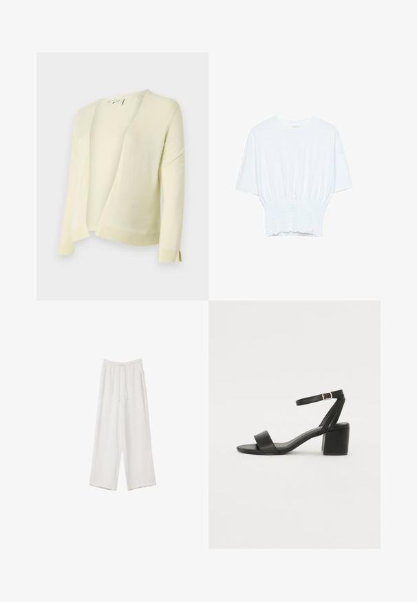 Svetlo rumena pletena jopica z V-izrezom, odprta spredaj in z dolgimi rokavi. Ima rebrast rob in manšete za dodaten teksturo. Mehka tkanina.; Bela majica s kratkimi rokavi sproščenega kroja in z gubanim materialom na pasu. Narejena iz mehkega, lahkega blaga.; Bele široke hlače iz lahkega materiala. Imajo elastičen pas s vrvico in stranske žepe. Gladka tekstura.; Črne sandale na peto z gladkim usnjenim zgornjim delom, odprtim nosom, širokimi sprednjimi trakovi in nastavljivim gležnjenčkom z zlatim zaponko.