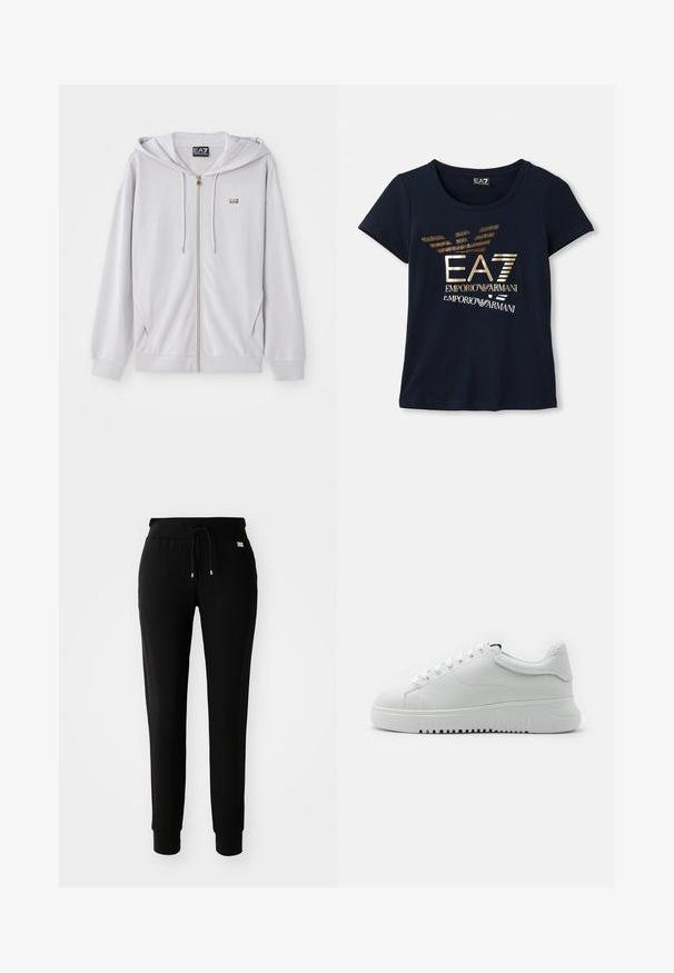 Lys grå hettegenser med glidelås laget av myk stoff, med hette, gullglidelås og en liten logo på brystet. Glatt tekstur og avslappet passform.; Mørkeblå t-skjorte med kort erm laget av bomull, med et metallisk gull grafisk logo med tekst og stiliserte ørnevinge-accents.; Sorte tapered joggebukser med snøring i livet og mansjetter ved anklene, vist på en enkel hvit bakgrunn.; Hvite joggesko med en strukturert skinnoverdel, rund tå og snøring. Tykkt hvitt gummisåle med gripestruktur.