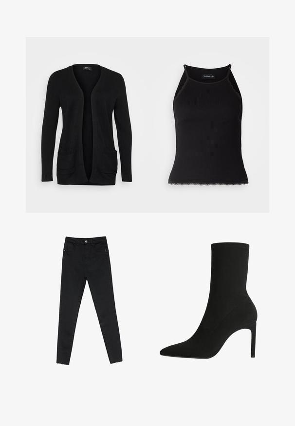 Schwarze Strickjacke mit V-Ausschnitt, offener Front, langen Ärmeln und zwei vorderen Taschen mit Rippdetails. Hergestellt aus weichem Strickmaterial.; Schwarzes, geripptes Tanktop mit gewellten Spitzenabschluss am Saum. Mit dünnen Trägern und einer figurbetonten Passform. Hergestellt aus dehnbarem Material.; Schwarze enge Jeans aus Denim mit hoher Taille, Fünf-Taschen-Design und rohem Saum an den Knöcheln. Klassischer Knopf- und Reißverschluss.; Schwarzer Knöchelstiefel aus weichem Wildleder, mit einer spitzen Zehe und hohen Stiletto-Absätzen. Minimalistisches Design ohne sichtbare Beschläge oder Muster.