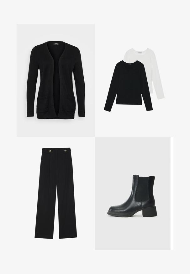 Zwarte cardigan met een V-hals, open voorkant, lange mouwen en twee voorzakken met ribbelaccenten. Gemaakt van zachte gebreide stof.; Twee shirts met lange mouwen, één zwart en één wit, beide met een vierkante halslijn en gemaakt van zacht, rekbaar materiaal.; Zwarte wijde broek met hoge taille, knoopdetails op de tailleband en plooien aan de voorkant.; Zwarte leren enkelboot met elastische zijpanelen, ronde neus en een lage blokhak. Het oppervlak heeft een gladde textuur en minimale details.