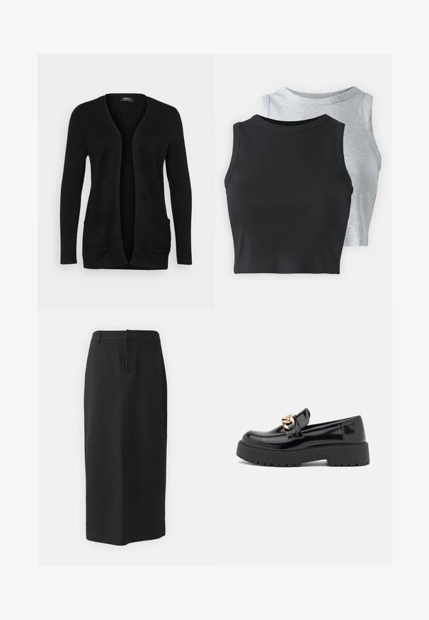 Črni kardigan z V-izrezom, odprtim sprednjim delom, dolgimi rokavi in dvema sprednjima žepoma z rebrastimi dodatki. Narejen iz mehke pletene tkanine.; Even&Odd Petite 2 PACK - Top - light grey/black; Črna svila krila, dolžine do kolen, izdelana iz gladkega blaga. Ima razporek na hrbtu in stranske žepke, enostaven dizajn in nevtralno barvo.; Črni lakirani usnjeni loafers s debelim črnim podplatom in zlato kovinsko opremo. Gladka tekstura in zasnova zaokroženega nosu.