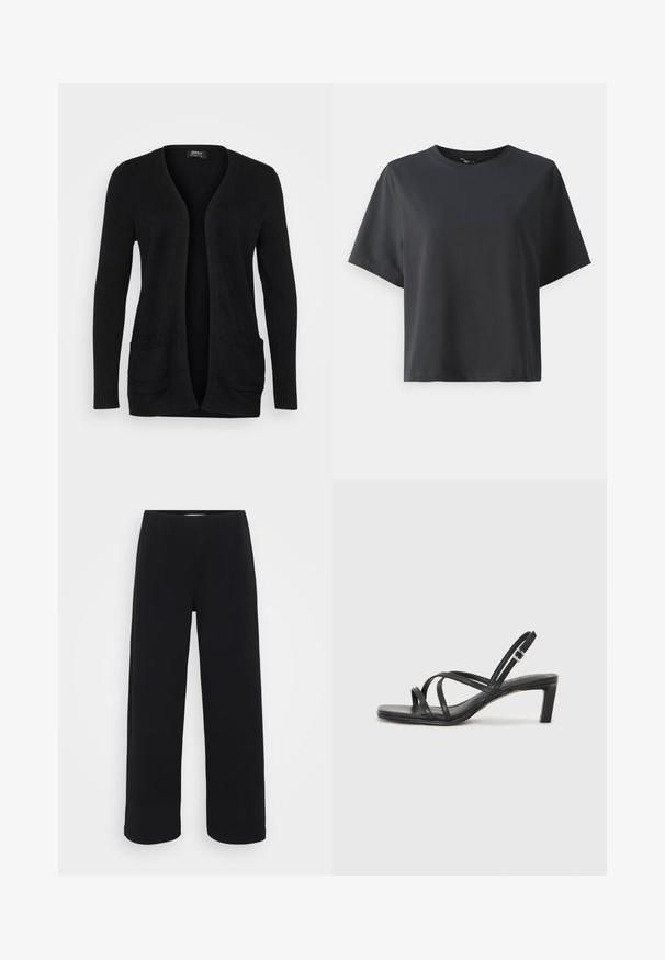 Schwarze Strickjacke mit V-Ausschnitt, offener Front, langen Ärmeln und zwei vorderen Taschen mit Rippdetails. Hergestellt aus weichem Strickmaterial.; Schwarzes Baumwoll-T-Shirt, kurze Ärmel, Rundhalsausschnitt, lässige Passform, glatte Textur, einfaches Design, keine Muster oder Akzente.; Schwarze weit geschnittene Hose mit elastischem Bund. Hergestellt aus einem strukturierten Material, mit lockerer Passform und geradem Schnitt von der Hüfte bis zum Saum.; Schwarze Sandale mit Riemchen, quadratischer Zehenform und niedrigem Blockabsatz. Verfügt über mehrere dünne Riemen und einen verstellbaren Knöchelriemen. Hergestellt aus glattem Leder.