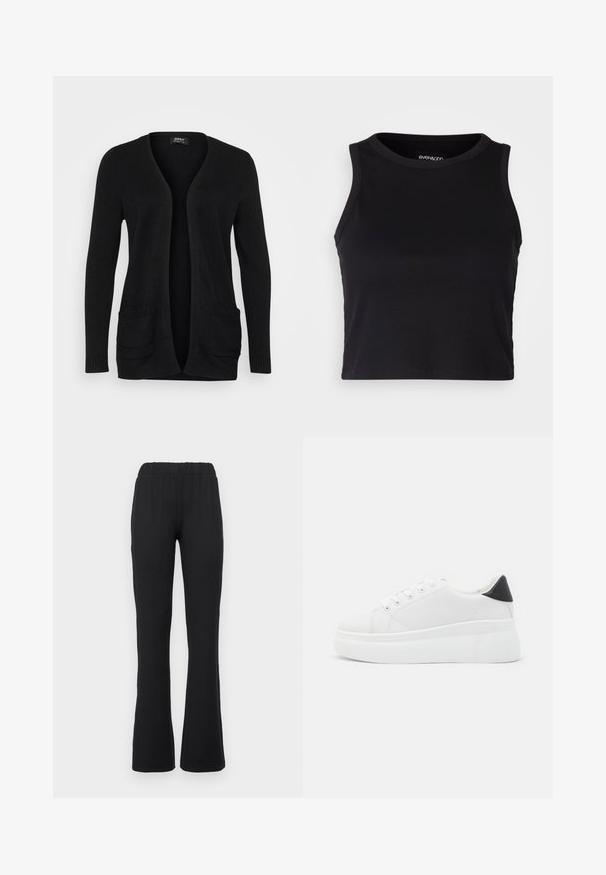 Black cardigan featuring a V-neck, open front, long sleeves, and two front pockets with ribbed accents. Made of soft knit material.; Black ribbed crop tank top with a round neckline and sleeveless design. Made from soft, stretchy fabric, featuring clean hemmed edges.; Black, flared pants with an elastic waistband, featuring a smooth texture and no visible patterns or hardware details.; White platform sneakers made of smooth synthetic material, featuring a rounded toe, lace-up design, and a textured rubber sole. Black heel accent.