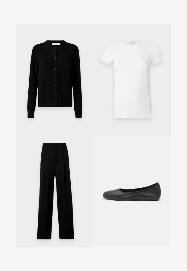 Schwarze Strickjacke mit Rundhalsausschnitt, vorderer Knopfleiste, langen Ärmeln, gerippten Bündchen und Saum, aus weichem Wollstoff.; Weißes geripptes T-Shirt mit kurzen Ärmeln und Rundhalsausschnitt. Der Stoff wirkt glatt und hat eine figurbetonte Silhouette. Markenlabel am Kragen sichtbar.; Schwarze, weit geschnittene Hosen aus glattem Stoff, mit hoher Taille, Vorderfalten und einem sauberen, maßgeschneiderten Design ohne Verzierungen.; Schwarze Leder-Ballettschuhe mit abgerundeter Spitze, glatter Textur, minimalen Nähdetails und einem flexiblen Sohlen-Design.