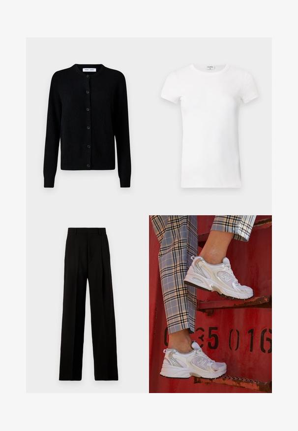 Juodas megztinis su apvaliu kaklu, priekyje su sagomis, ilgomis rankovėmis, banguotais rankogaliais ir apatine dalimi, pagamintas iš minkštos vilnos medžiagos.; Balta, raibota trumpa rankovėmis marškinėliai su apvaliu kaklu. Audinys atrodo lygus ir prigludęs. Prekės ženklo etikete matoma prie apykaklės.; Juodos plačios kojos kelnės, pagamintos iš lygaus audinio, su aukštu liemeniu, priekinėmis raukšlėmis ir švaria, pritaikyta forma be papuošimų.; Balti nėriniai sportbačiai su sidabriniais akcentais ir tekstūruota padu, padėti ant raudonos paviršiaus, derinami su languotomis kelnėmis.