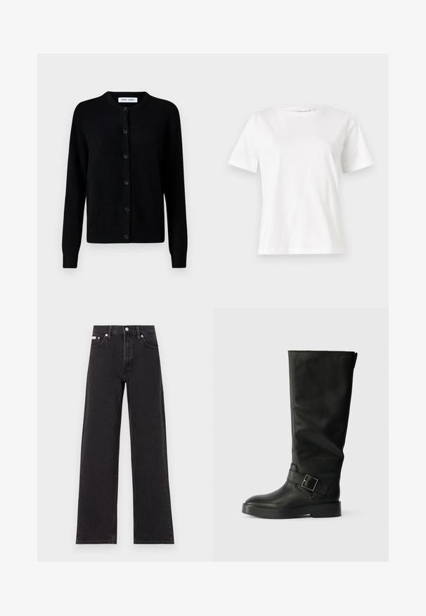 Cardigan negru tricotat, cu guler rotund, închidere prin butoane în față, mâneci lungi, manșete și tiv cu nervuri, realizat dintr-un material moale din lână.; Tricou alb din bumbac cu mâneci scurte, guler rotund și o croială relaxată. Textură netedă, fără imprimeuri sau accente, design minimalist.; Jeanși negri cu picioare largi, fabricați din denim, cu talie înaltă, stil cu cinci buzunare și închidere cu nasture metalic, cu cusături contrastante.; Cizme negre până la genunchi, din piele netedă, cu vârf rotund, talpă groasă și o curea orizontală cu detaliu de cataramă rectangulară.