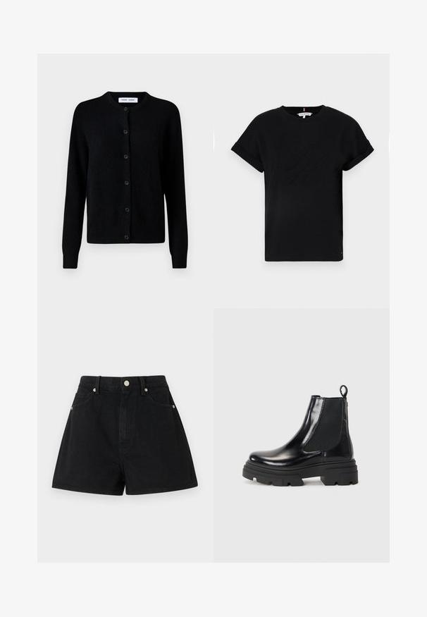 Zwarte gebreide cardigan met ronde halslijn, bediening met knopen aan de voorkant, lange mouwen, geribde manchetten en zoom, gemaakt van zachte wolstof.; Zwart katoenen t-shirt met opgerolde korte mouwen, voorzien van een reliëflogo in het midden en een kleine vlagaccent aan de zijkant.; Zwarte denim shorts met een hoge taille, vijf zakken, zilverkleurige hardware en een standaard pasvorm, met een gladde textuur en een nette afwerking.; Zwarte leren enkelboots met een strak ontwerp, elastische zijpanelen en een stevige zwarte zool. Voorzien van een trekknoop aan de achterkant voor gemakkelijk aan- en uittrekken.