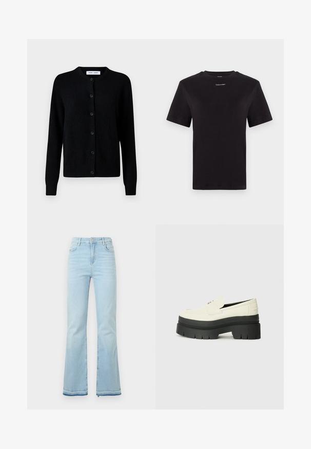 Svart strikket cardigan med rund hals, knappelukking foran, lange ermer, ribbestrikkede mansjetter og nederkant, laget av myk ullstoff.; Svart bomull T-skjorte med korte ermer, rund hals og liten hvit "Calvin Klein" logo på brystet. Glatt tekstur, klassisk passform.; Lyseblå flagrende jeans laget av denim, med høy midje, frontlommer og rå kant ved mansjettene for et uformelt utseende.; Hvite lær plattformloafers med tykk svart gummisåle, med avrundet tå og minimal dekorativ søm.