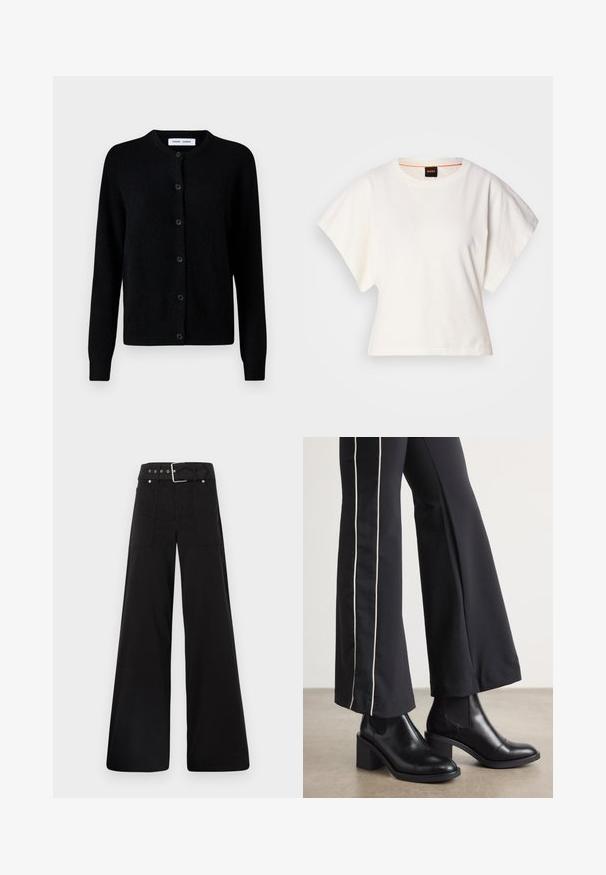Black knit cardigan with round neckline, front button closure, long sleeves, ribbed cuffs and hem, made from soft wool fabric.; White cropped T-shirt, short wide sleeves, soft cotton material, round neckline with subtle orange trim, minimal design, no patterns or graphics.; Black wide-leg trousers made from cotton, featuring a high waist, large side pockets, and a belted waist with silver hardware accents.; Black leather ankle boots with a block heel, featuring elastic side panels. Paired with black pants that have a white side stripe.